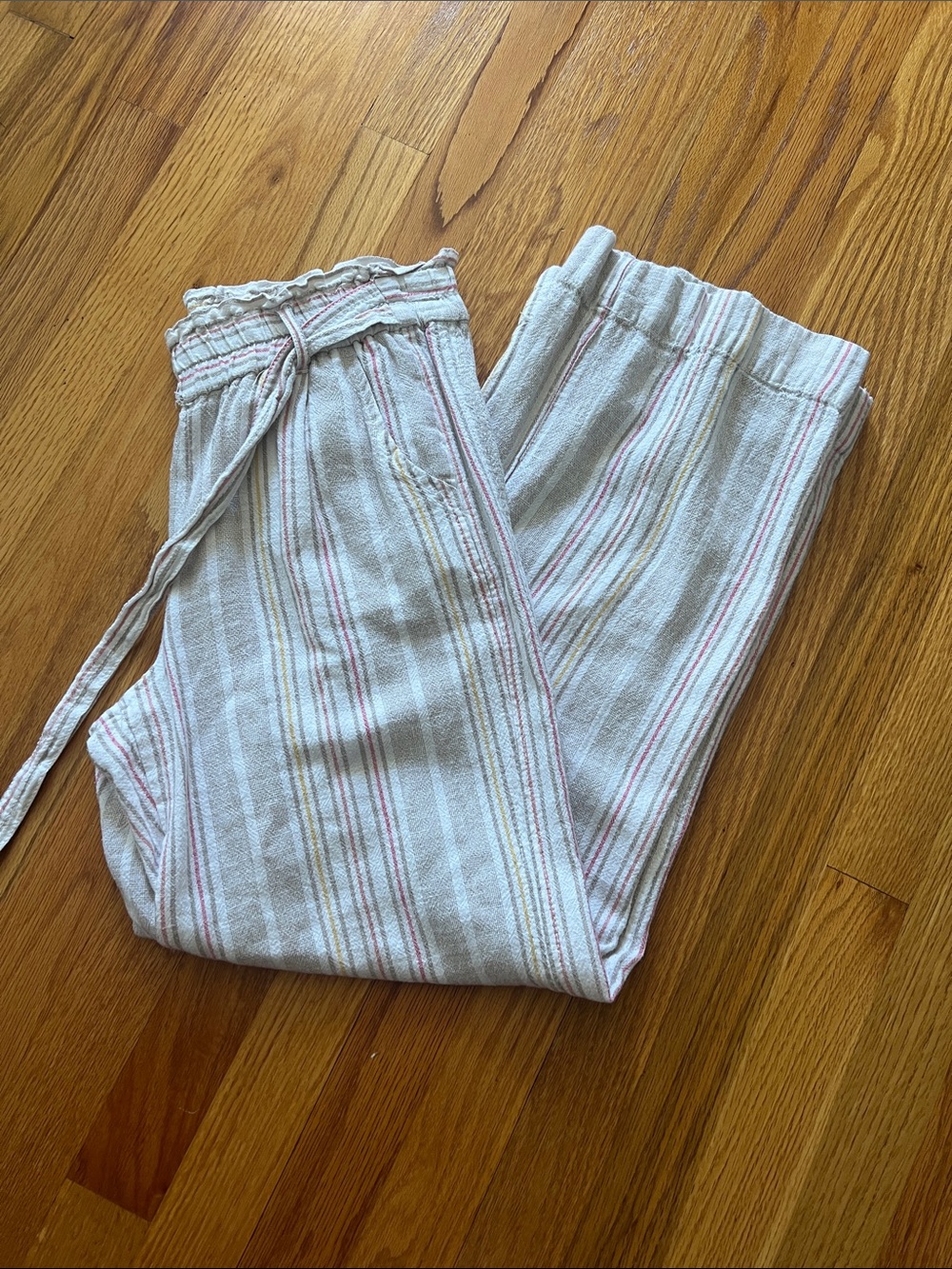 Rewind Wide-Leg Striped Drawstring Pants in White with Pink & Tan Stripes
